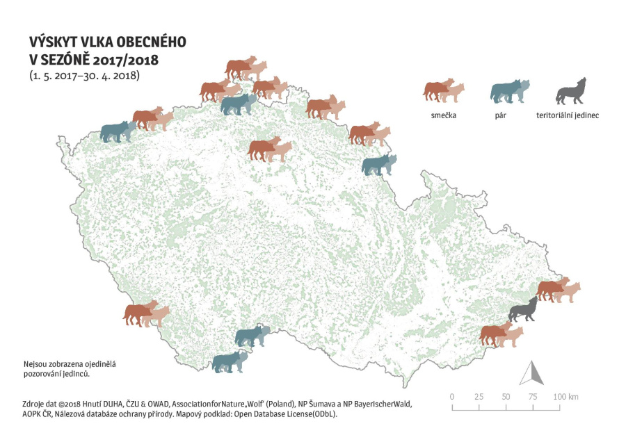 Výskyt vlků 2017-2018