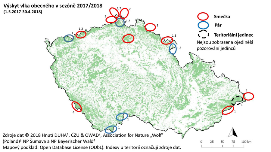 Výskyt vlků 2017-2018 se zdroji